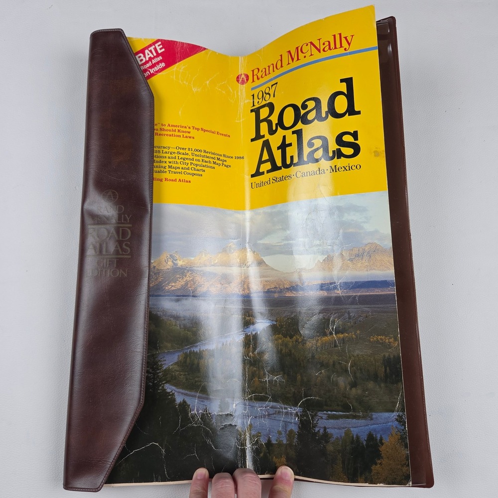 Rand McNally 1987 Road Atlas Gift Edition Brown Faux Leather Vintage Map Guide